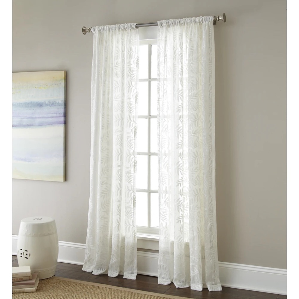 White Sherry Klein Ferndale Embroidered Leaf-Pattern Sheer Pair Curtains-52 X 63